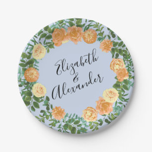Peach Light Blue Wedding Roses Floral Paper Plate