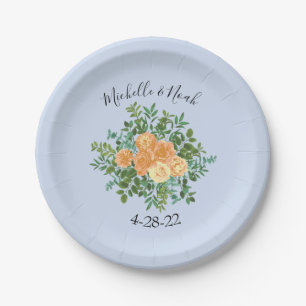 Peach Light Blue Wedding Roses Floral Paper Plate