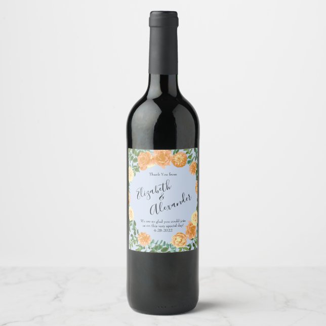 Peach Light Blue Wedding Roses Floral Wine Label (Front)