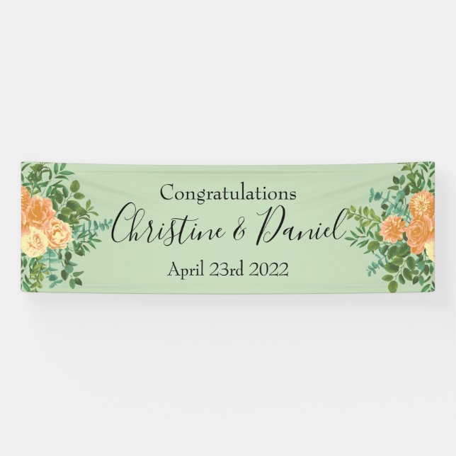 Peach & Light Green Peony & Rose Floral Wedding Banner (Horizontal)