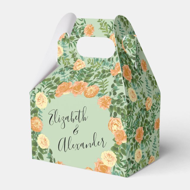 Peach & Light Green Peony & Rose Floral Wedding Favour Box (Front Side)