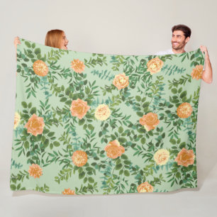 Peach & Light Green Peony & Rose Floral Wedding Fleece Blanket