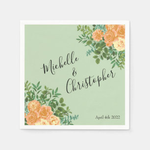 Peach & Light Green Peony & Rose Floral Wedding Napkin