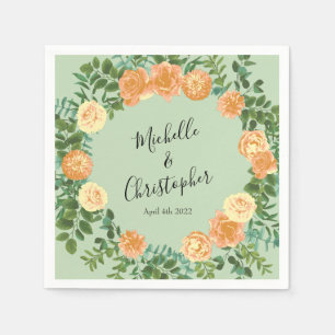 Peach & Light Green Peony & Rose Floral Wedding Napkin