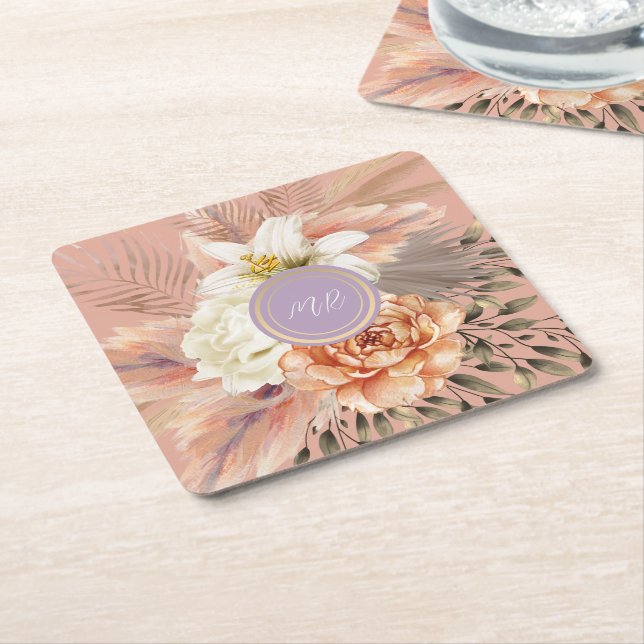 Peach Lilac Floral Wedding Square Paper Coaster (Angled)