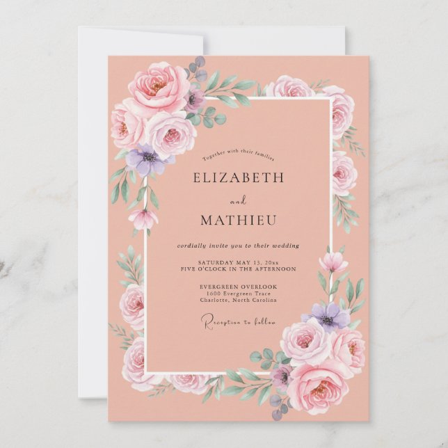 Peach Lilac Ranunculus Eucalyptus Wedding Invitation (Front)