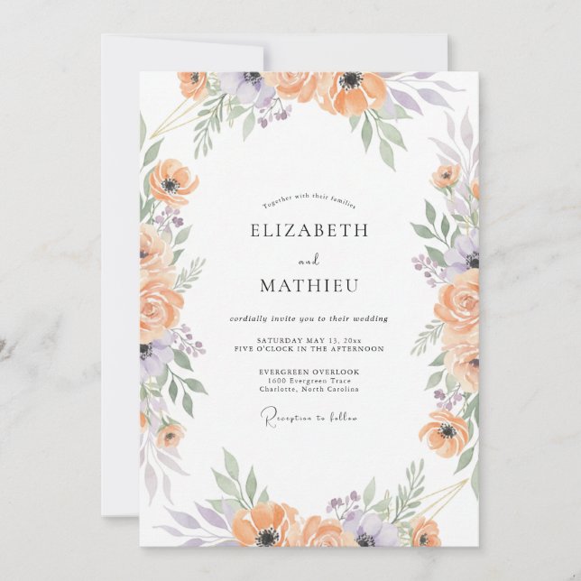 Peach Lilac Ranunculus Muted Eucalyptus Wedding Invitation (Front)