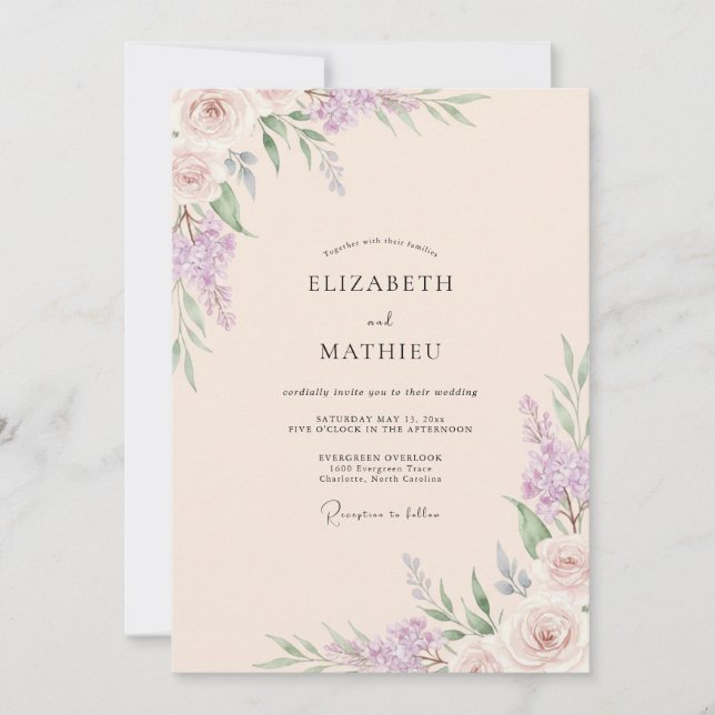 Peach Lilac Wisteria Wedding Invitation (Front)
