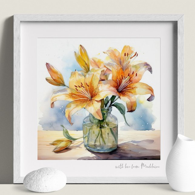 Peach Lily Bouquet In Glass Vase Watercolor Print (Creator Uploaded)