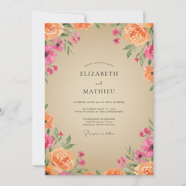 Peach Magenta Ranunculus Eucalyptus Wedding Invitation (Front)
