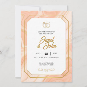 Peach Marble Cut Corner Gold Frame Invitation