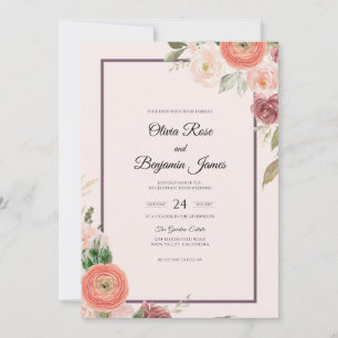 Peach Maroon Bouquet Dusty Eucalyptus Wedding Invitation