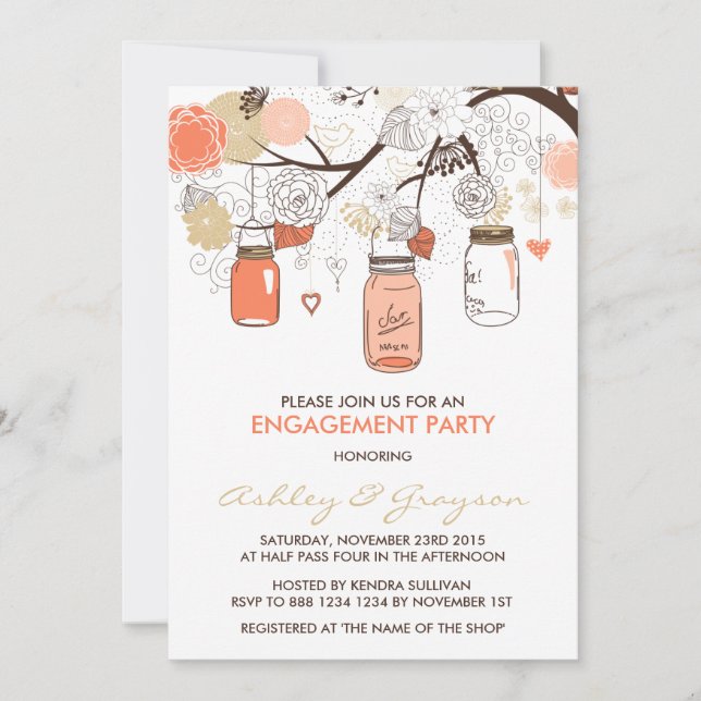 Peach Mason Jars Engagement Party Invitation (Front)