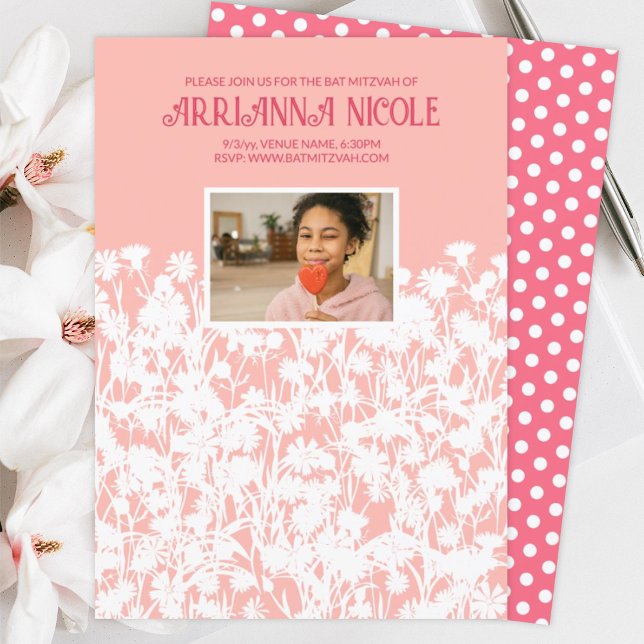 Peach, Mauve Pink, White Wild Flowers Bat Mitzvah Invitation (peach pink white wild flowers meadow spring springtime bat mitzvah invitations pink polka dots)