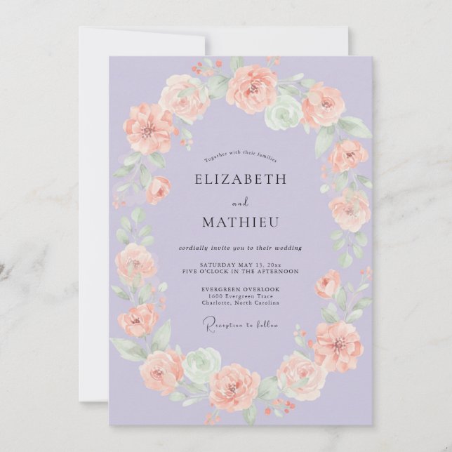 Peach Mauve Wreath Wedding Invitation (Front)