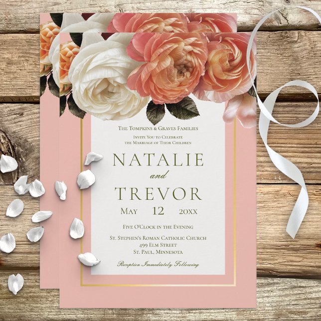 Peach Mimosa Blooms Floral Peach Wedding Invitation (Creator Uploaded)