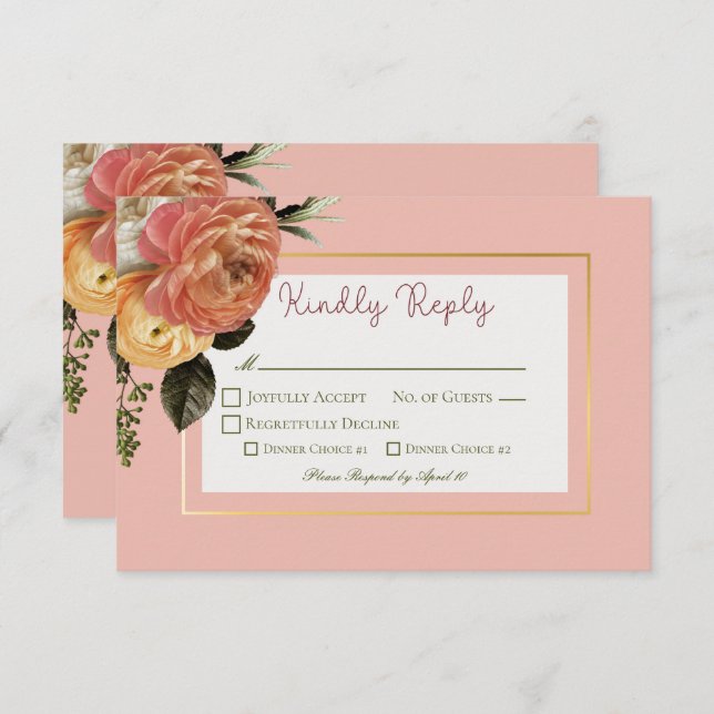 Peach Mimosa Blooms Floral Wedding RSVP Card (Front/Back)