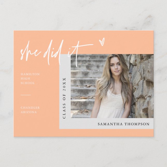 Peach Minimal Photo She Did It Graduation  Postcard (Front)