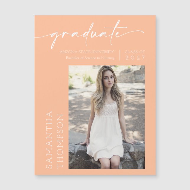 Peach Minimal Script Photo Graduate Magnet (Front)