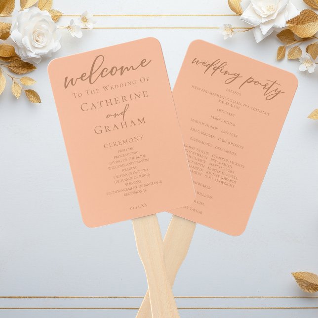 Peach Minimalist Script Summer Wedding Program Hand Fan (Creator Uploaded)