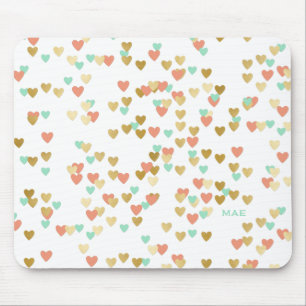 Peach, Mint and Gold Hearts Confetti Monogram Mouse Pad