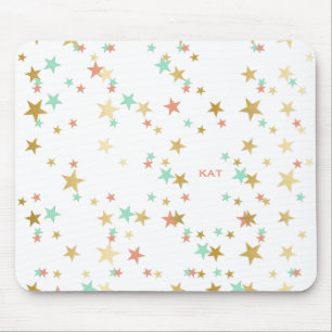 Peach, Mint and Gold Stars Confetti Monogram Mouse Pad