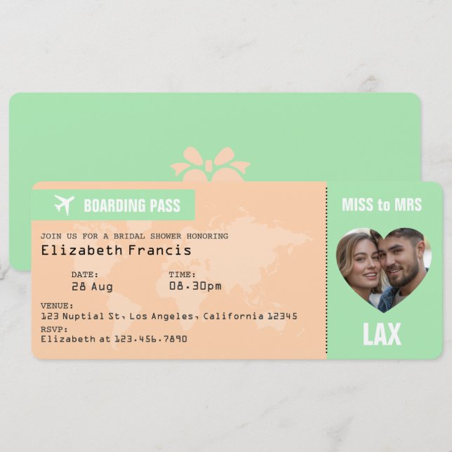 Peach & Mint Boarding Pass Bridal Shower Invitation (Front/Back)