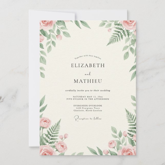 Peach Mint Fern Wedding Invitation (Front)