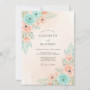 Peach Mint Floral Arrangement Wedding Invitation