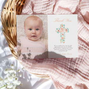 Peach & Mint Floral Cross Baptism Photo Thank You Card
