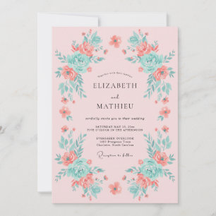 Peach Mint Floral Flourish Wedding Invitation