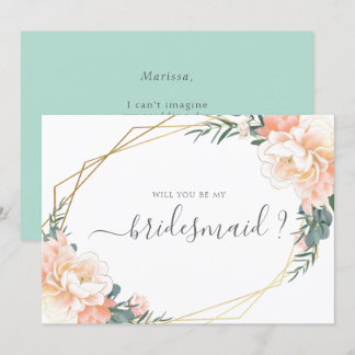 Peach Mint Floral Gold Will You Be My Bridesmaid I Invitation