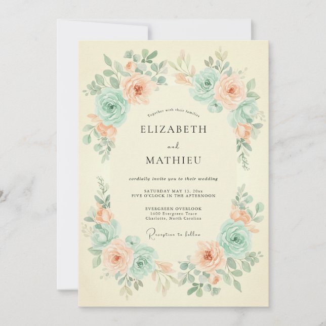 Peach Mint Floral Spring Wedding Invitation (Front)