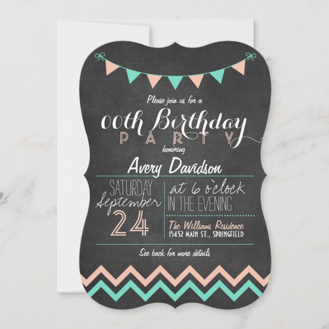 Peach & Mint Green Chalkboard Birthday Party Invitation (Front)