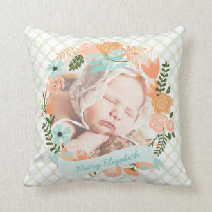 Peach Mint Nursery Floral Wreath Photo Custom Cushion