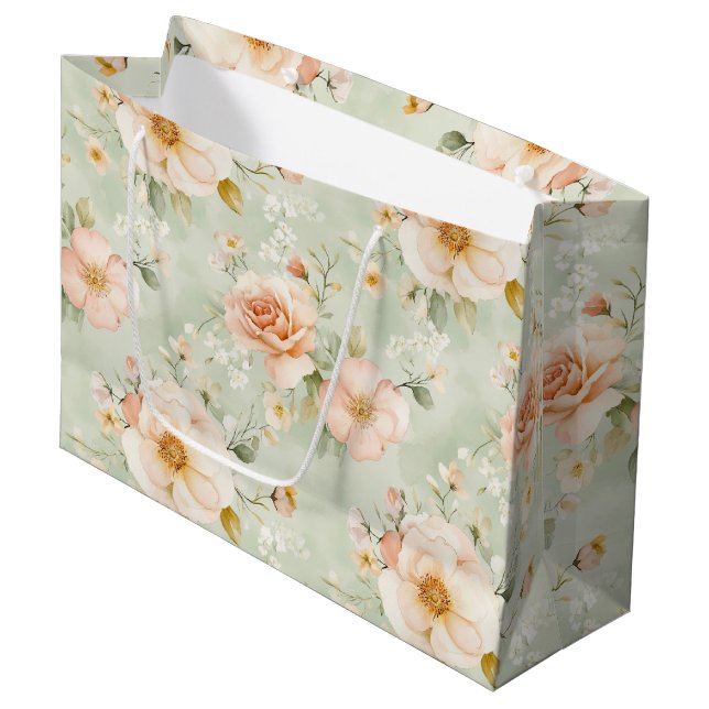 Peach Mint Pretty Roses Floral Bridal Shower Large Gift Bag (Front Angled)