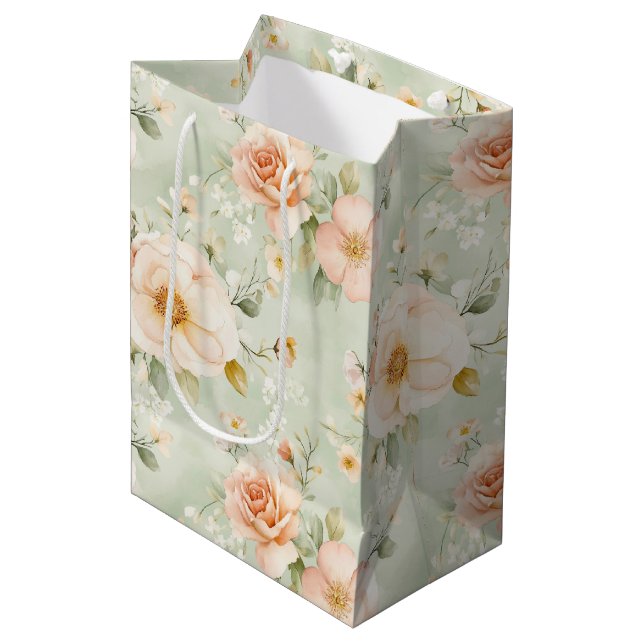 Peach Mint Pretty Roses Floral Bridal Shower Medium Gift Bag (Front Angled)