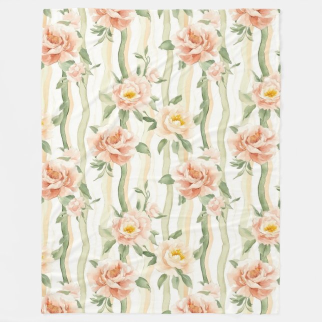 Peach Mint Roses Floral Stripes Birthday Fleece Blanket (Front)