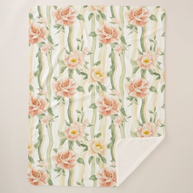 Peach Mint Roses Floral Stripes Birthday Sherpa Blanket (Front)