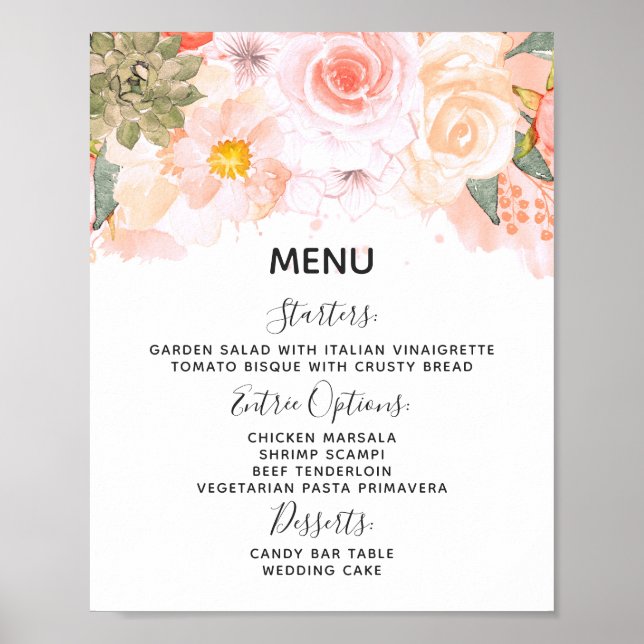 Peach & Mint Succulents Wedding Menu Table Sign (Front)