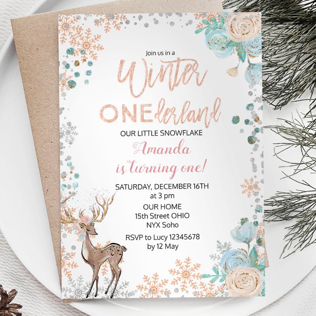 Peach Mint Winter ONEderland Snow Birthday Invite (Creator Uploaded)