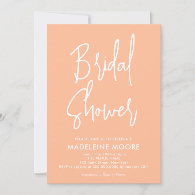 Peach Modern Calligraphy Bridal Shower Invitation (Front)