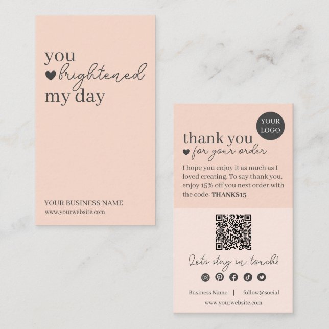 Peach Modern Script QR Code, Thank You  Business Card (Front/Back)