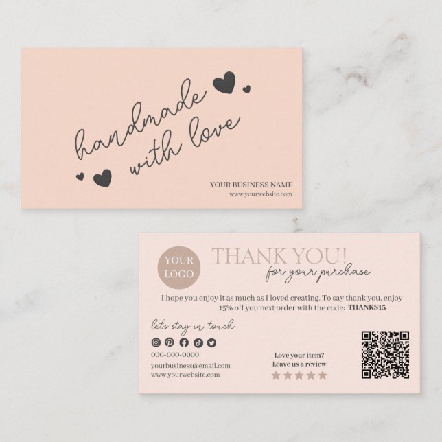 Peach Modern Script QR Code, Thank You  Business Card (Front/Back)