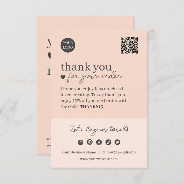 Peach Modern Script QR Code, Thank You Business Enclosure Card (Front/Back)