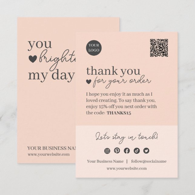 Peach Modern Script, Thank You Candle Business  Enclosure Card (Front/Back)