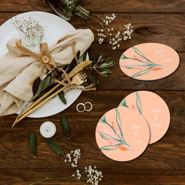Peach Modern Wedding  Round Paper Coaster (Creator Uploaded)