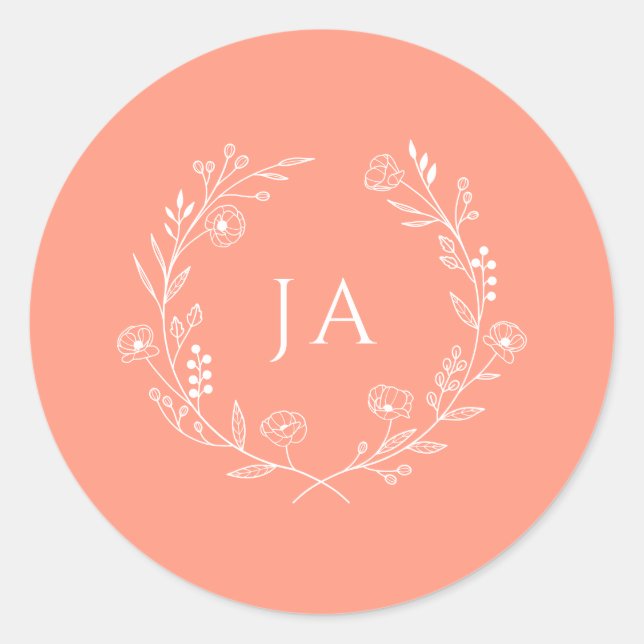 Peach Monogram Wedding Classic Round Sticker (Front)