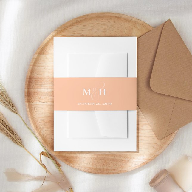 Peach Monogram Wedding Custom Invitation Belly Band (Elegant simple peach monogram invitation belly band.)