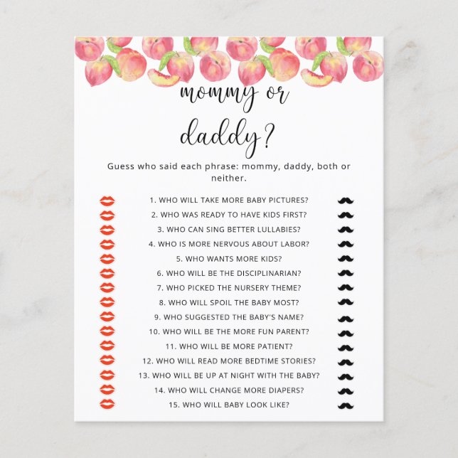 PEACH mummy or daddy baby shower game (Front)